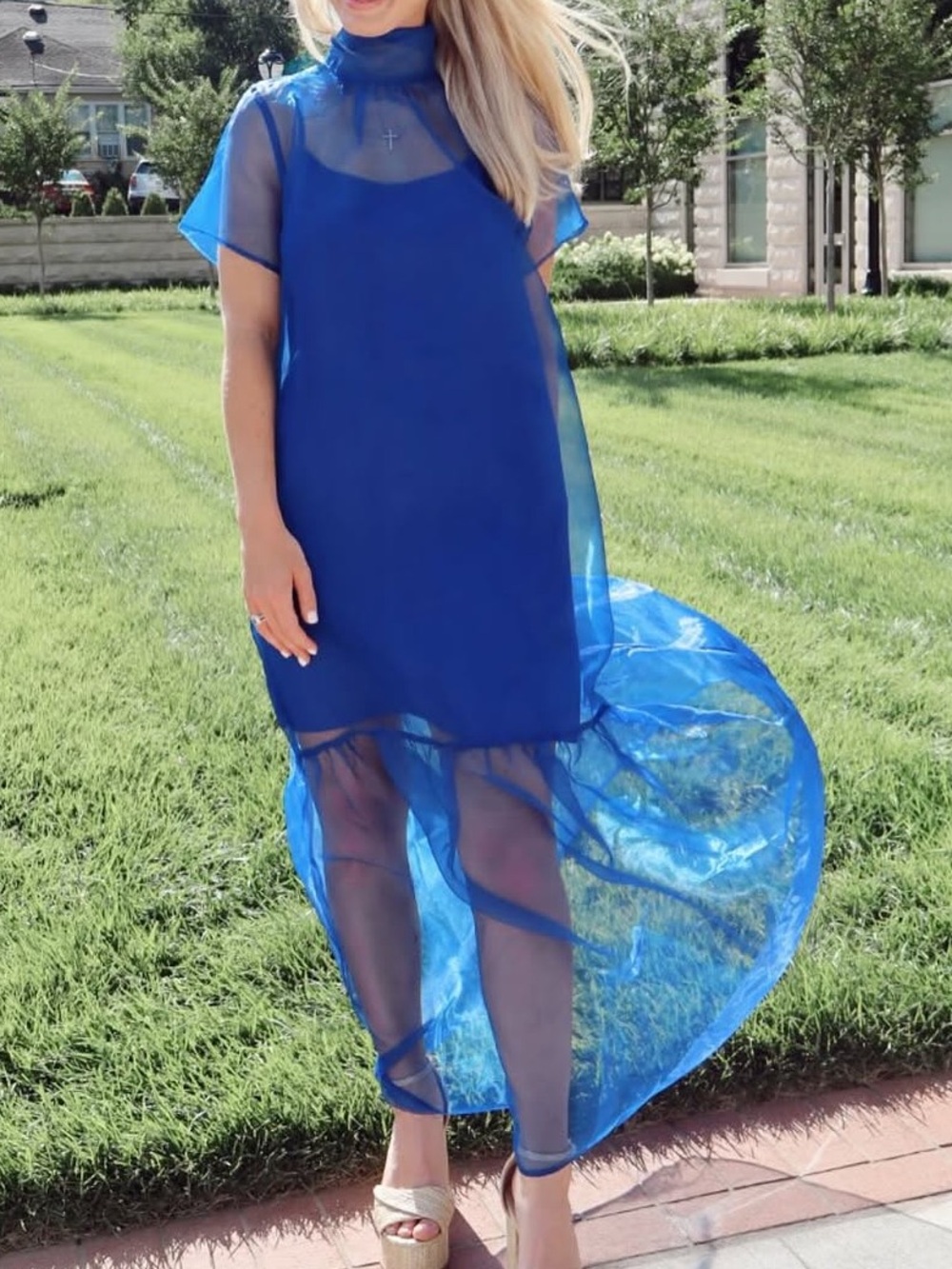 Sugarlips Royal Blue Sheer High-Neck Maxi Dress